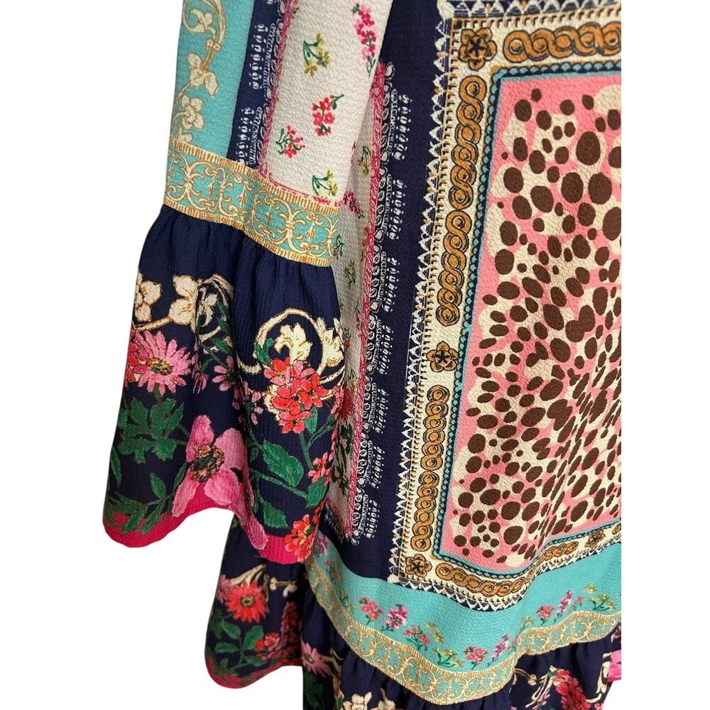 Umgee Off the Shoulder Dress S  Boho Bell Sleeve Floral Animal Tassel Ruffle Hem - Picture 4 of 9